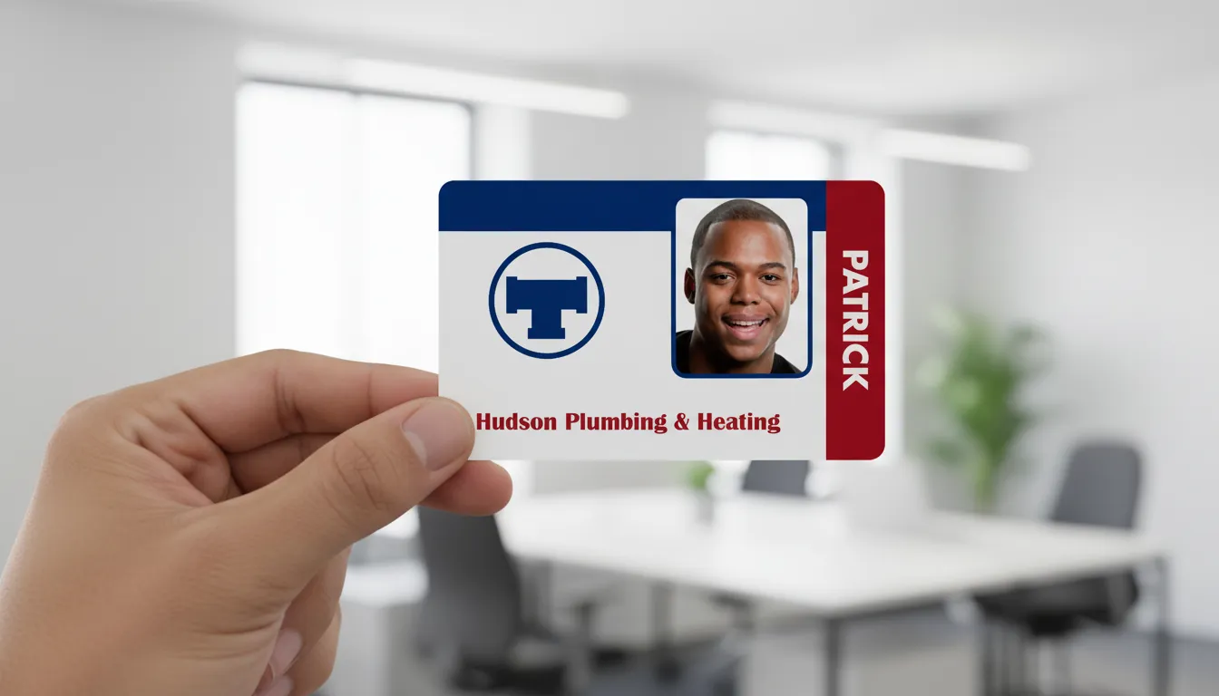Custom ID card with blue, red, and white colors, office background, hand holding card.