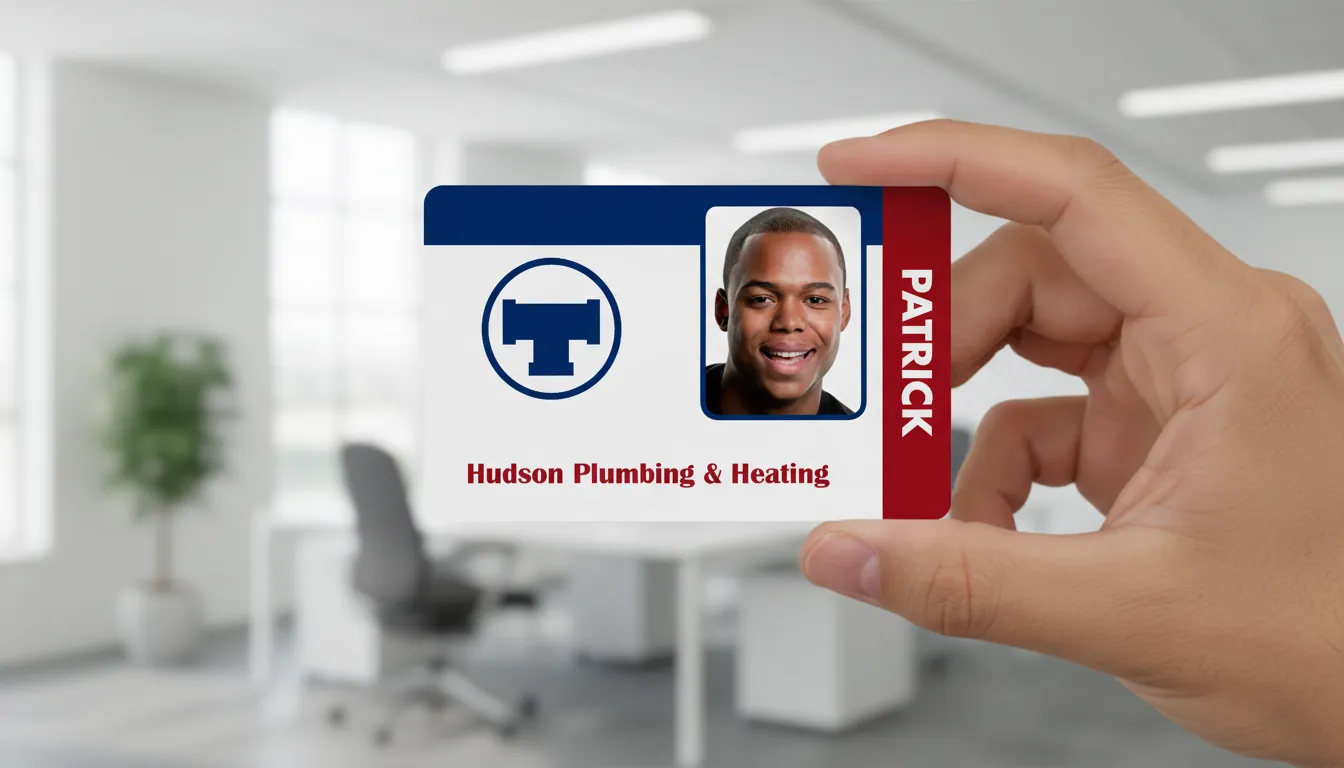 Custom ID card with blue, white, and red colors, held in bright modern office background.