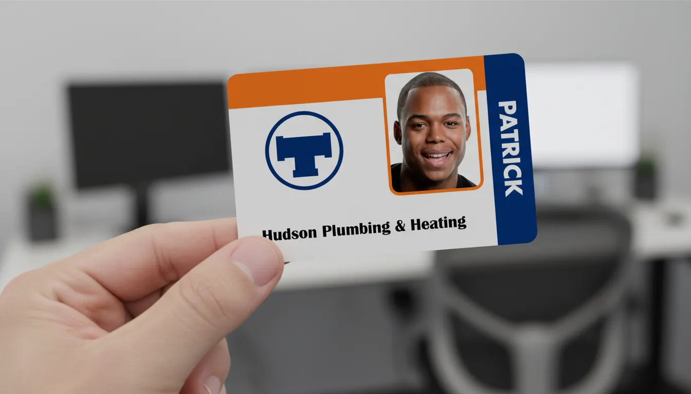 Custom ID card with orange, blue, and white colors, office background, professional ID badge.