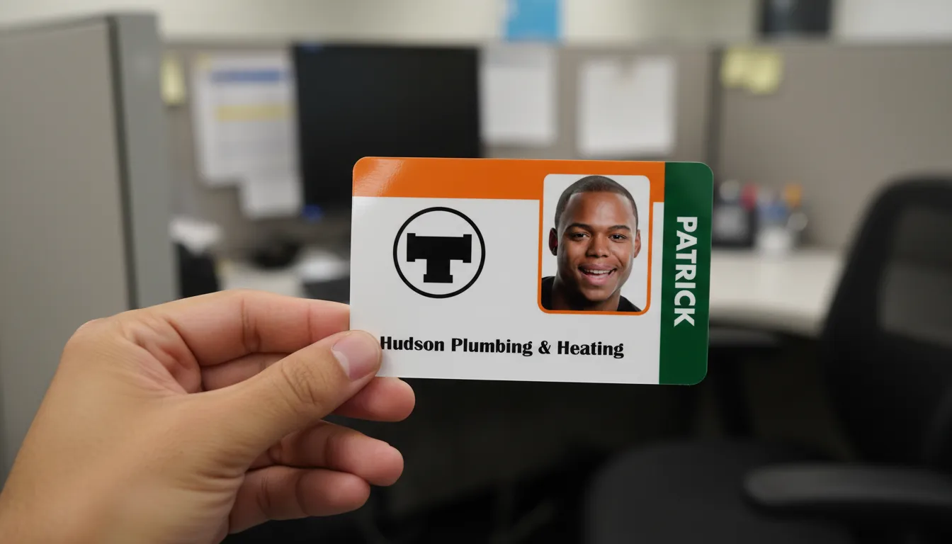 Custom ID card with orange, green, and white colors, office background, professional ID badge.