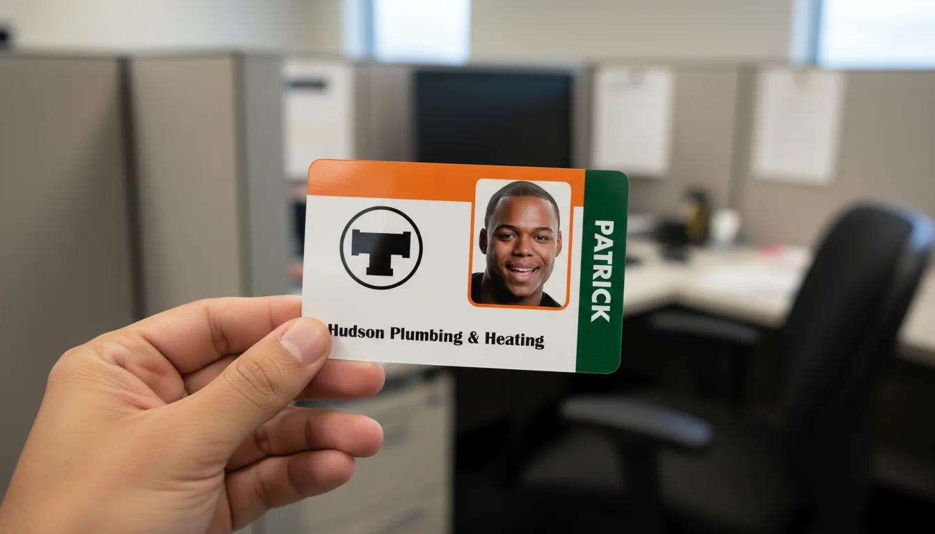 Custom ID card with orange, green, and white colors, office cubicle background, professional setting.
