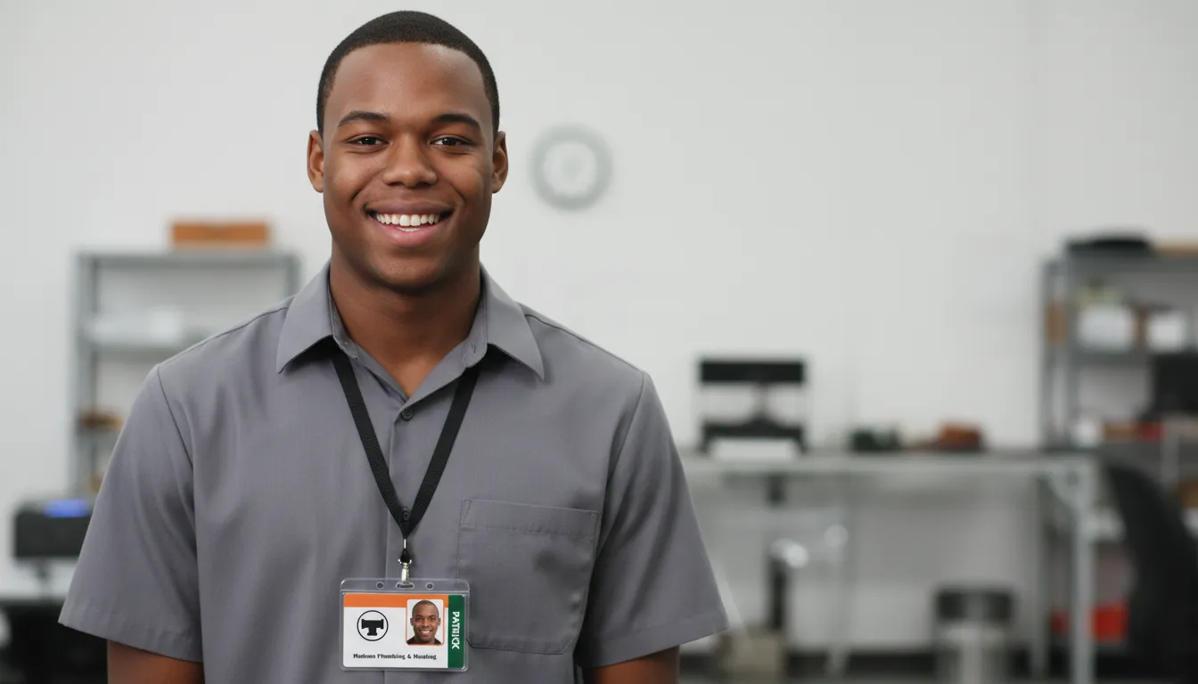 Smiling man in gray shirt, professional ID badge, white office background with shelves and clock.