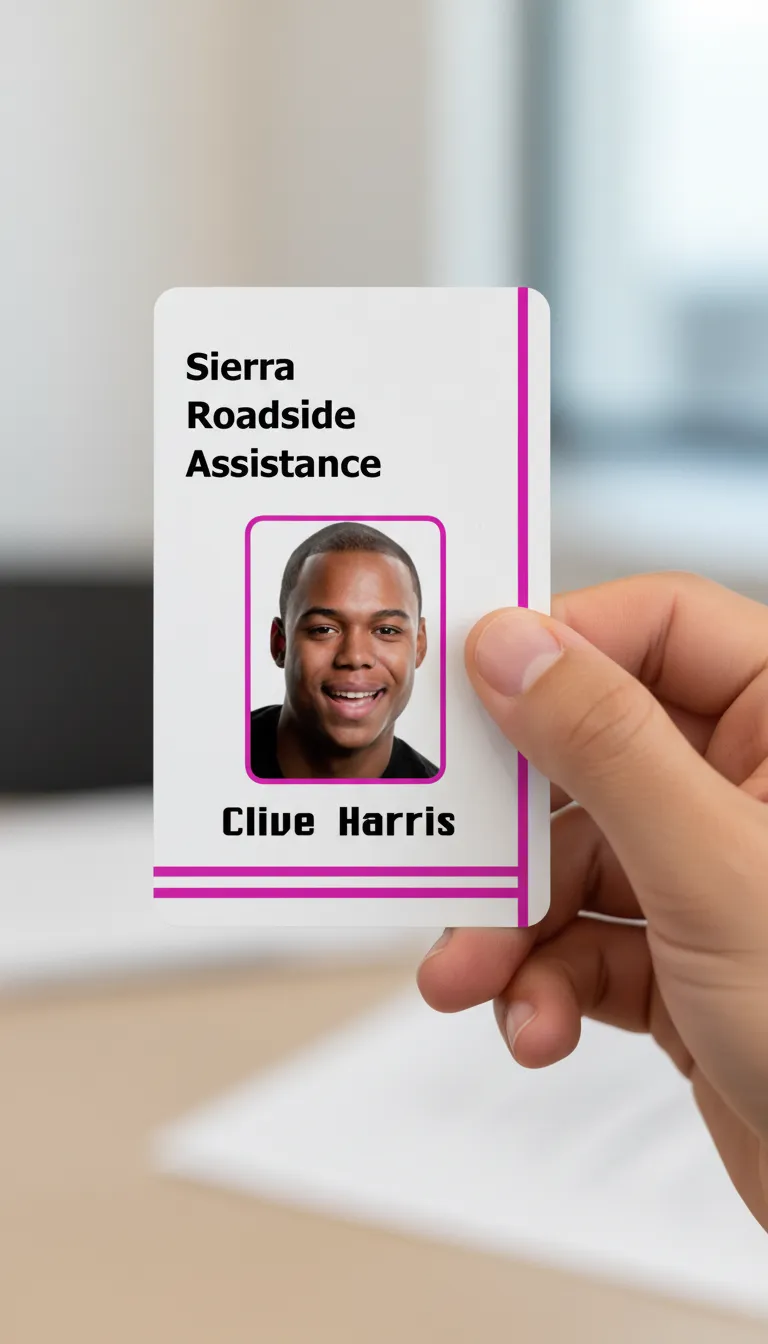 Hand holding white custom ID card with magenta accents, blurred office background.