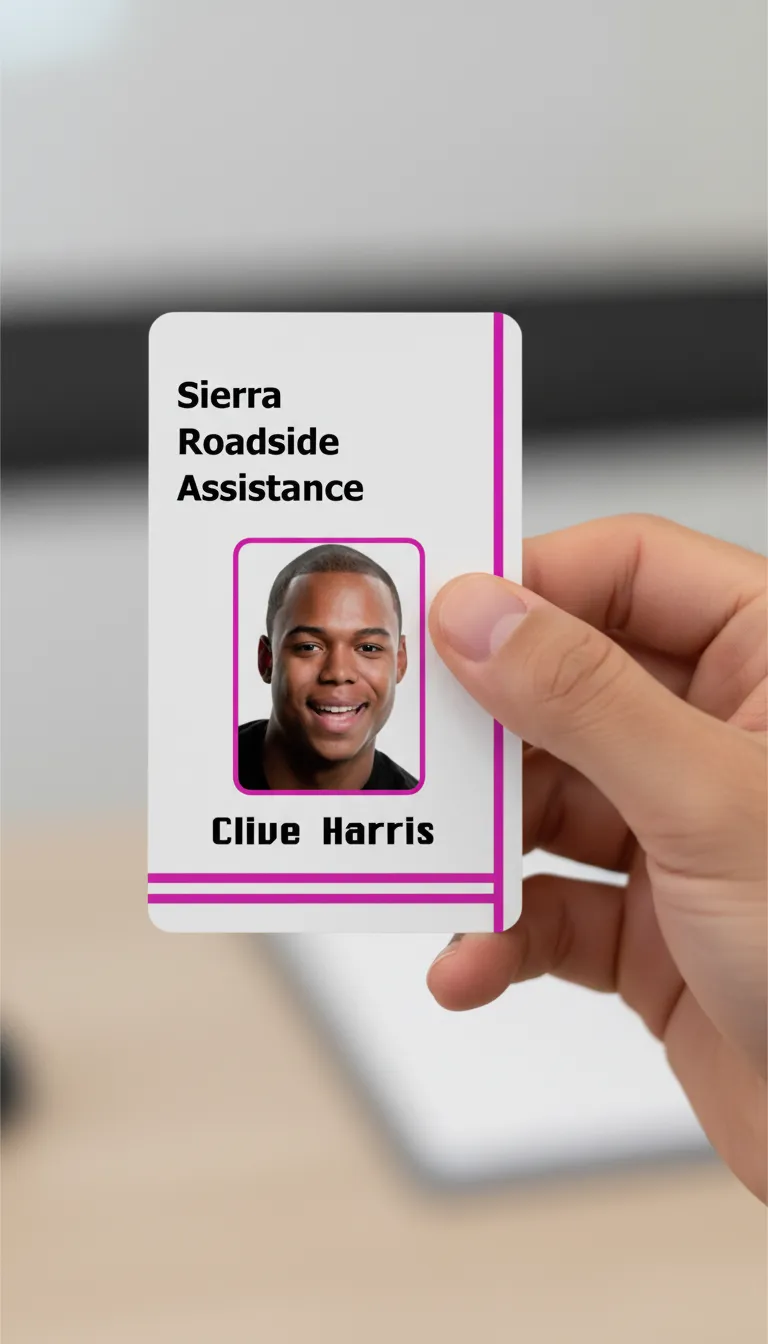 Hand holding white custom ID card with pink lines, black text, blurred beige and gray background.