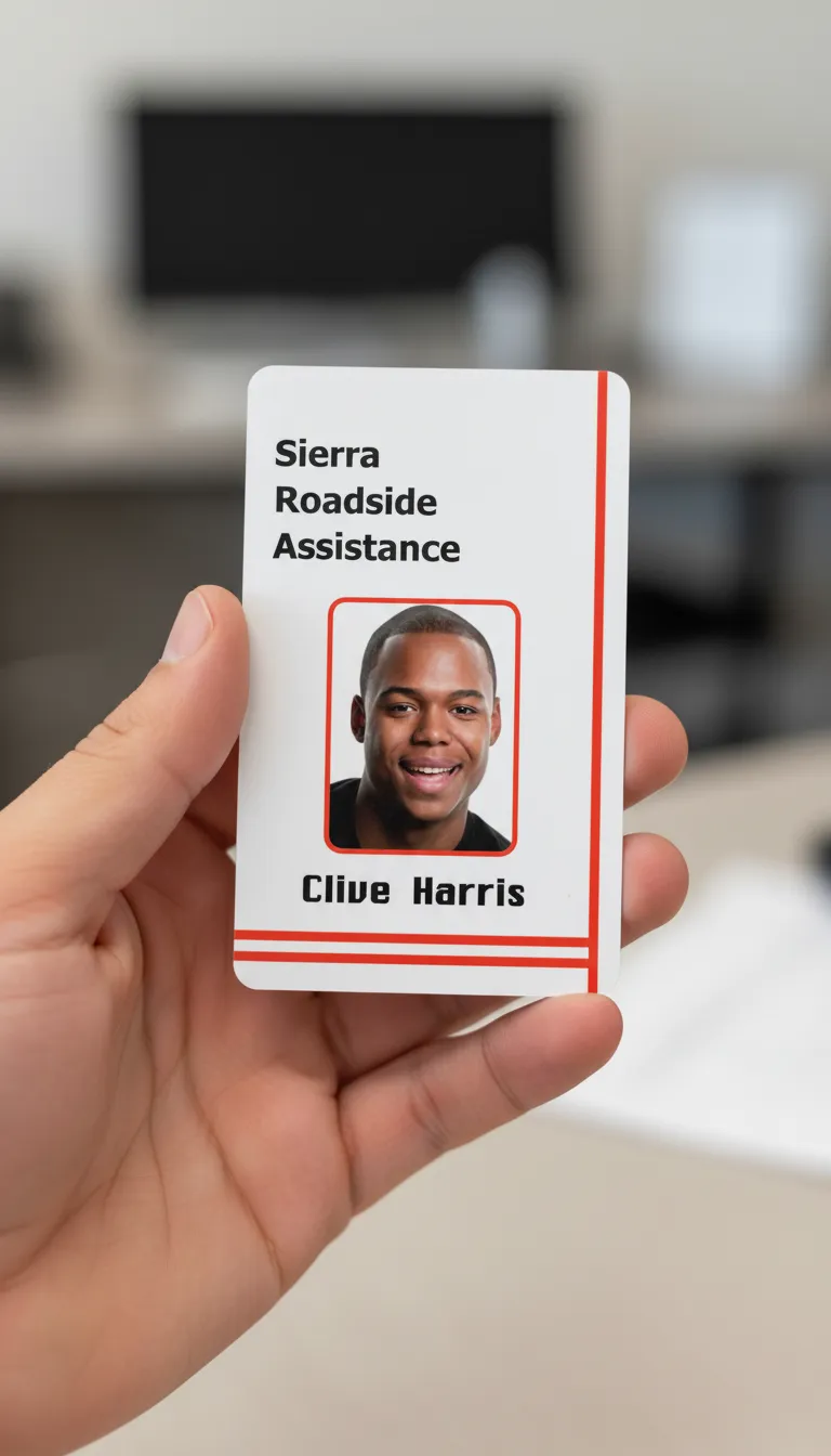 Hand holding white custom ID card with red accents, blurred office background, professional ID badge.