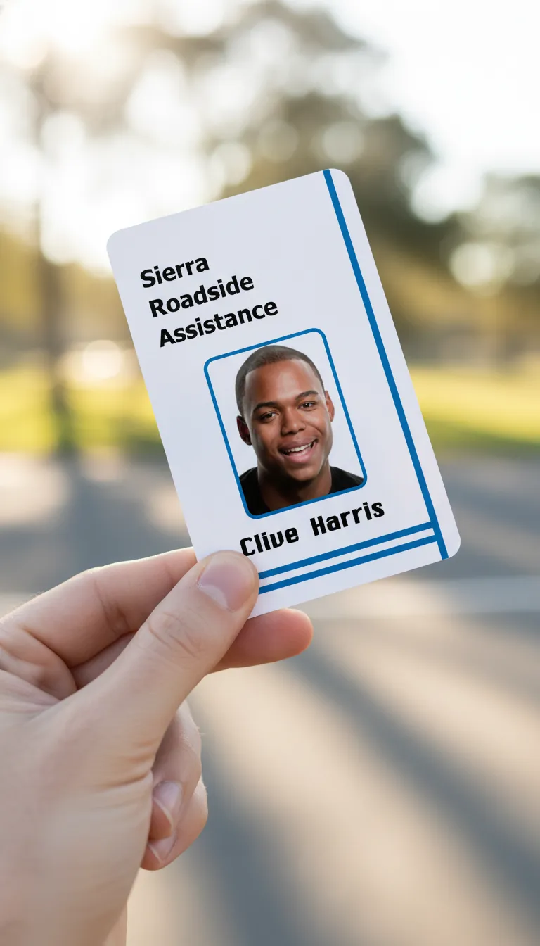 Hand holding white professional ID badge with blue accents, blurred outdoor background, sunlight visible.