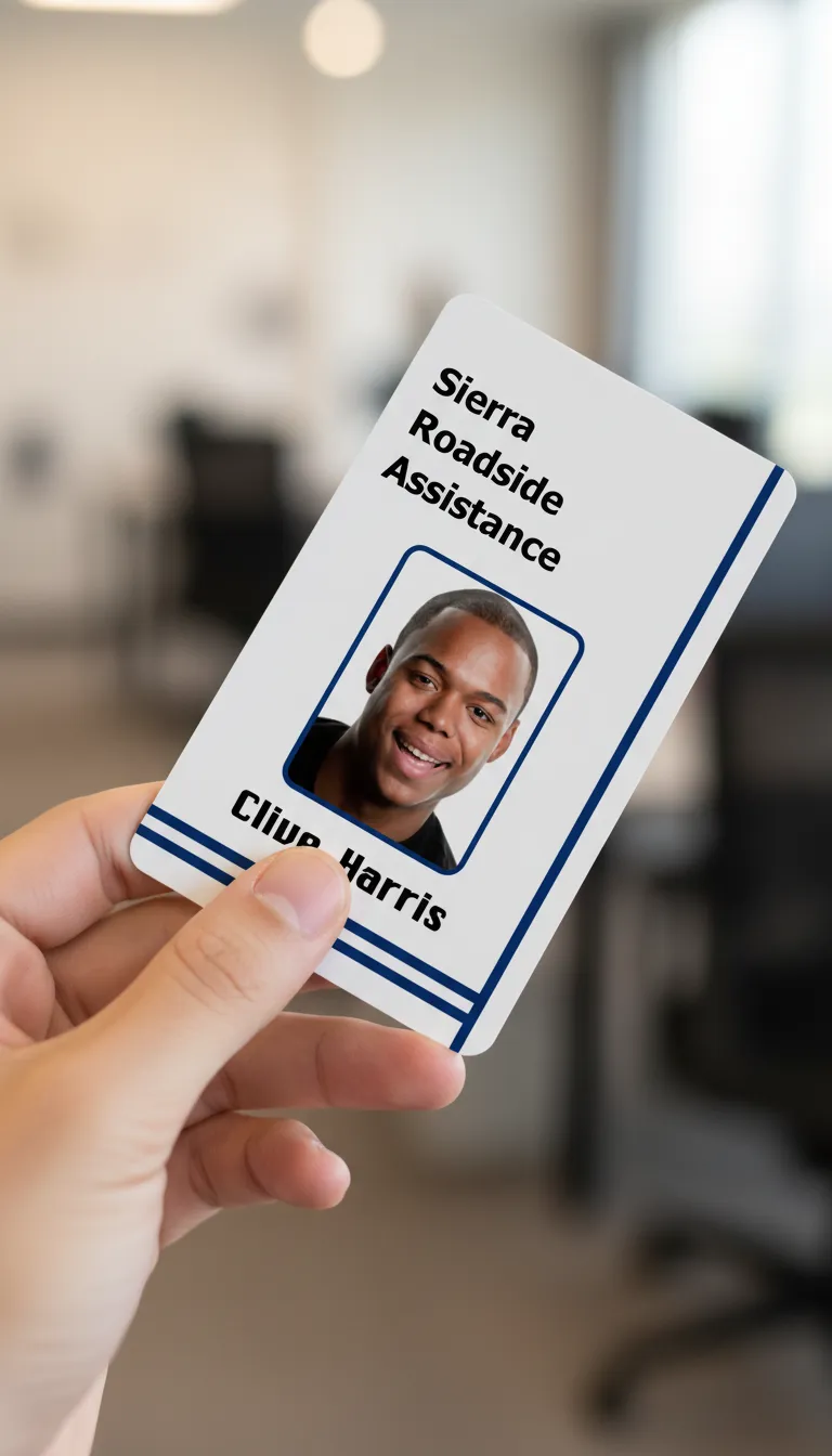Hand holding white professional ID badge with blue lines, office background softly blurred.