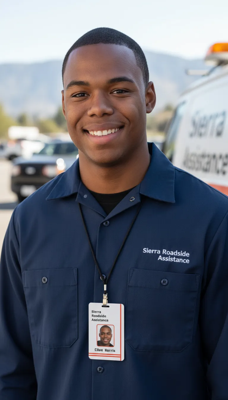 Smiling man in navy shirt outdoors, wearing a professional ID badge, mountains and vehicles behind.