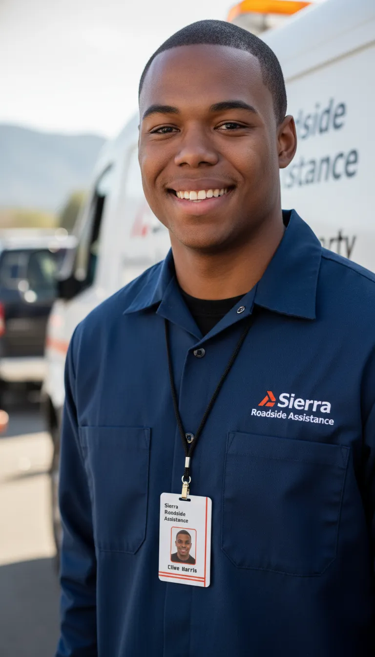 Smiling man in navy uniform outdoors, wearing a custom ID card, white van background, sunny day.