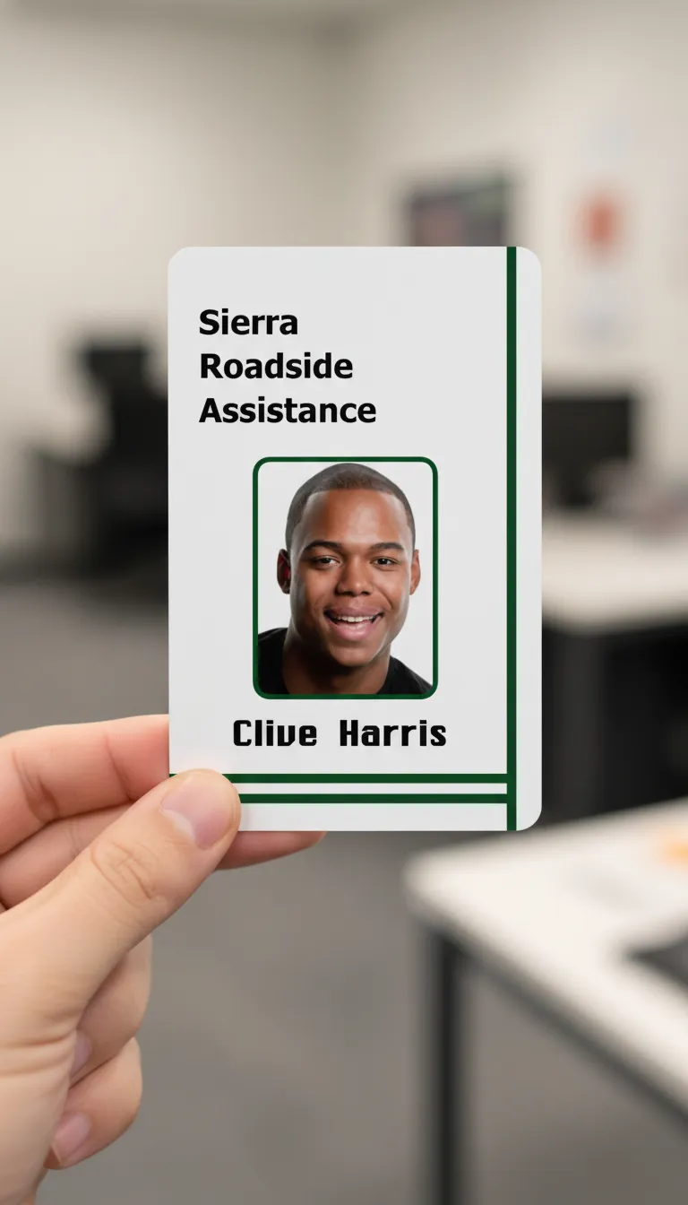 White professional ID badge with green accents, black text, and office background, 40mil PVC option.