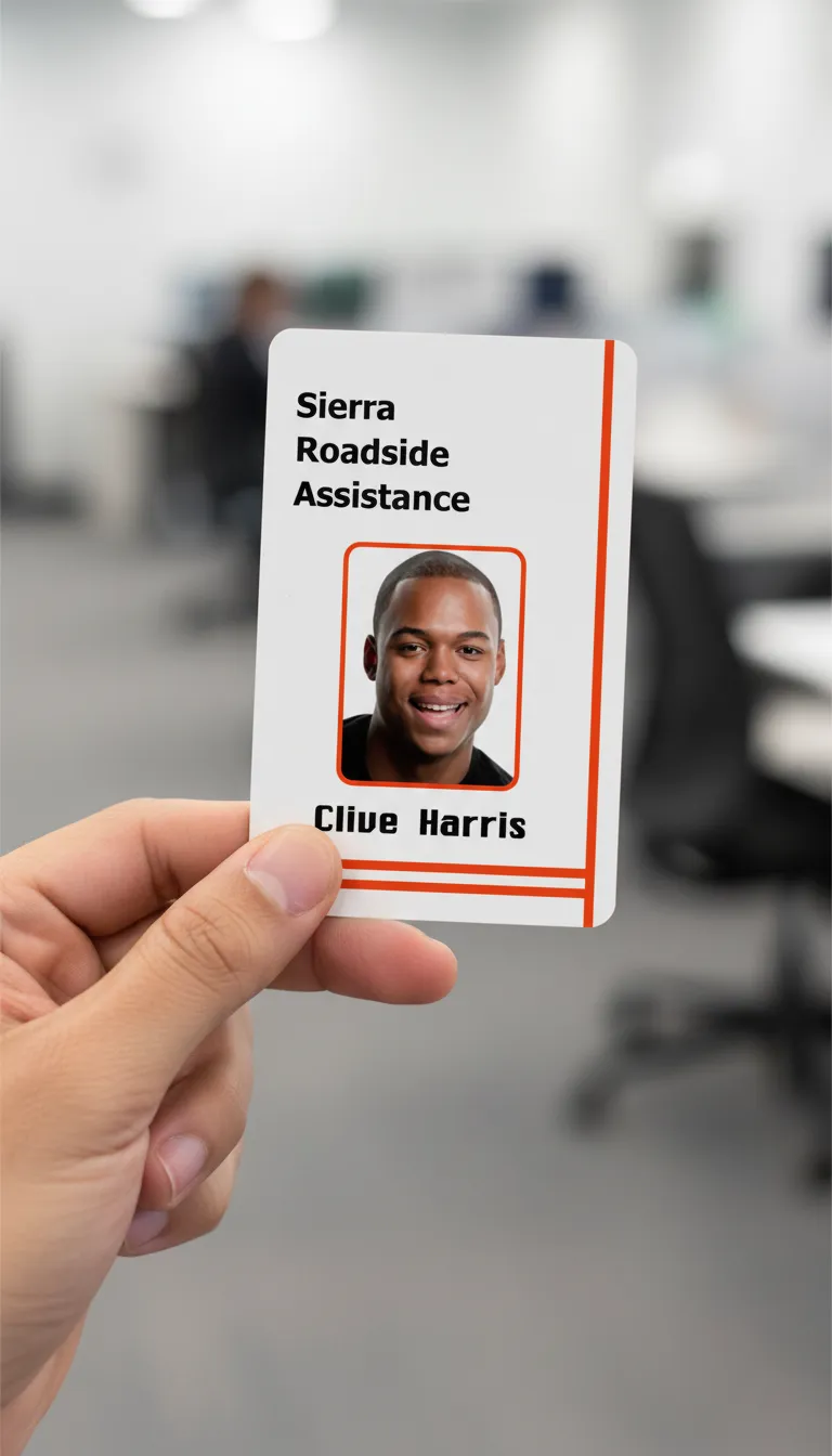 White professional ID badge with orange accents, black text, office background, 40mil PVC option.