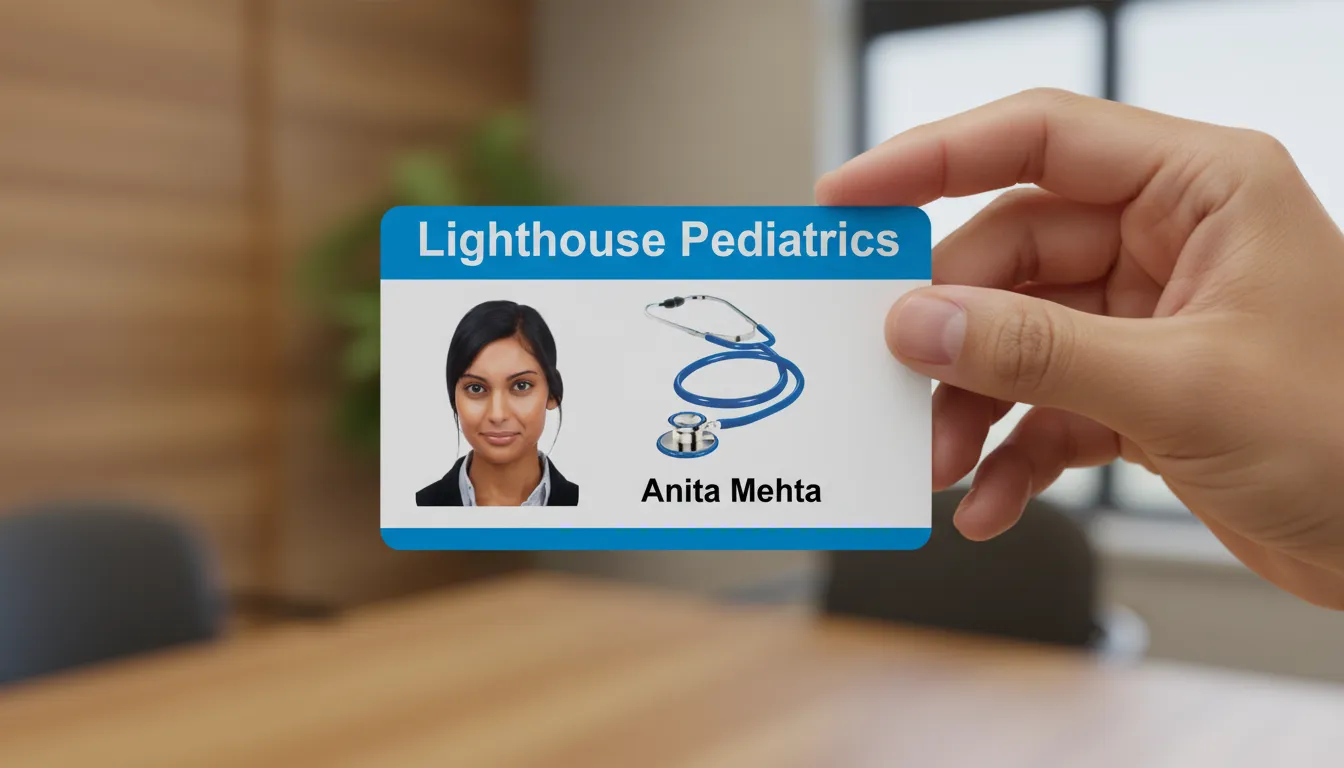 Blue and white professional ID badge, office background, features photo and stethoscope graphic.