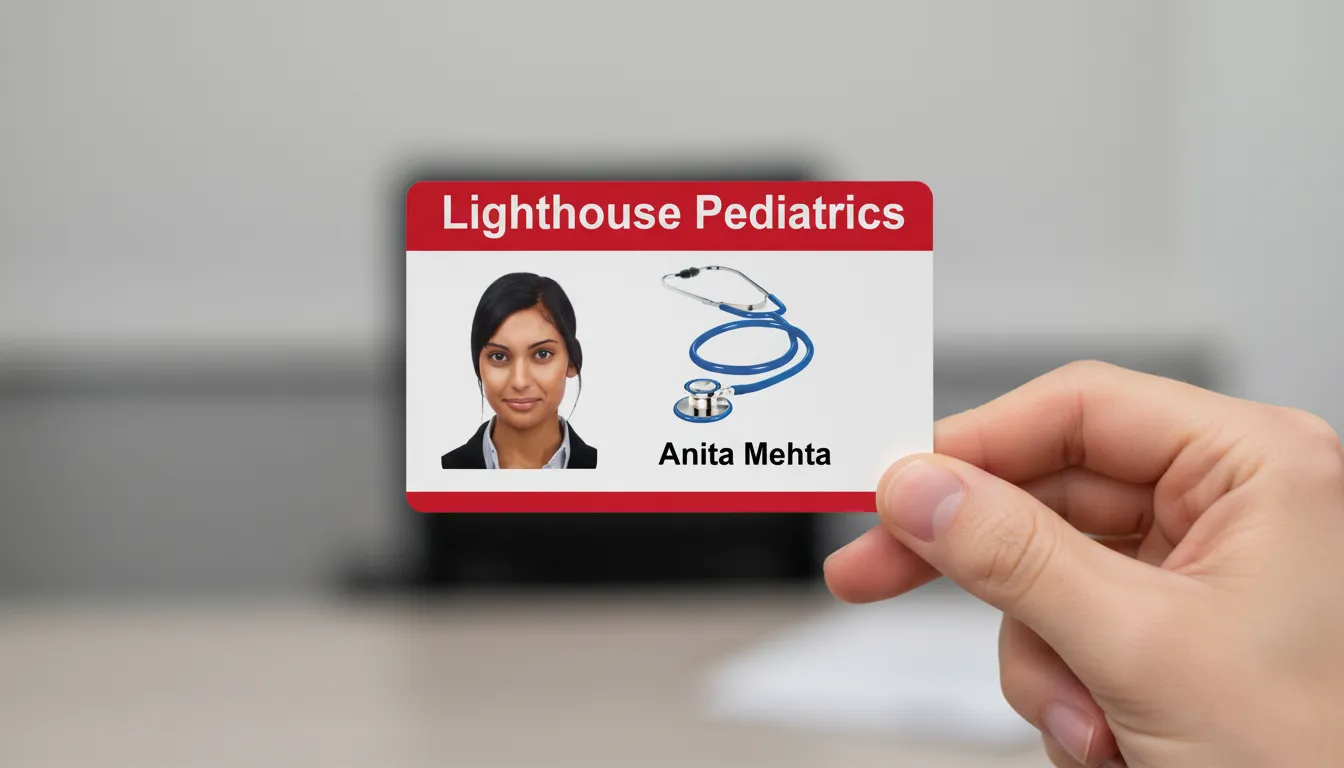 Red and white professional ID badge, photo and stethoscope, held by hand, blurred gray background.