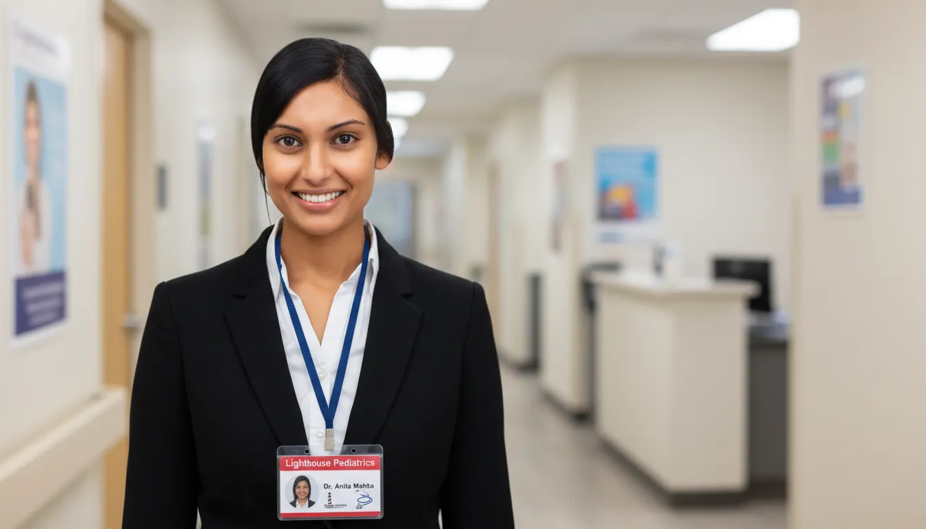 Smiling woman in black suit, red professional ID badge, white hallway background, bright lighting.