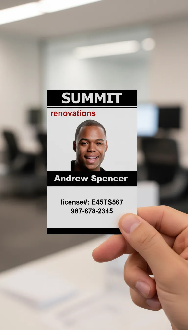 Black, white, and red professional ID badge with photo, held in bright, blurred office background.
