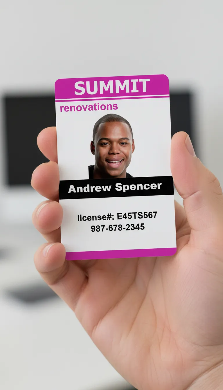 Custom ID card with magenta, black, and white colors, held in hand, blurred office background.