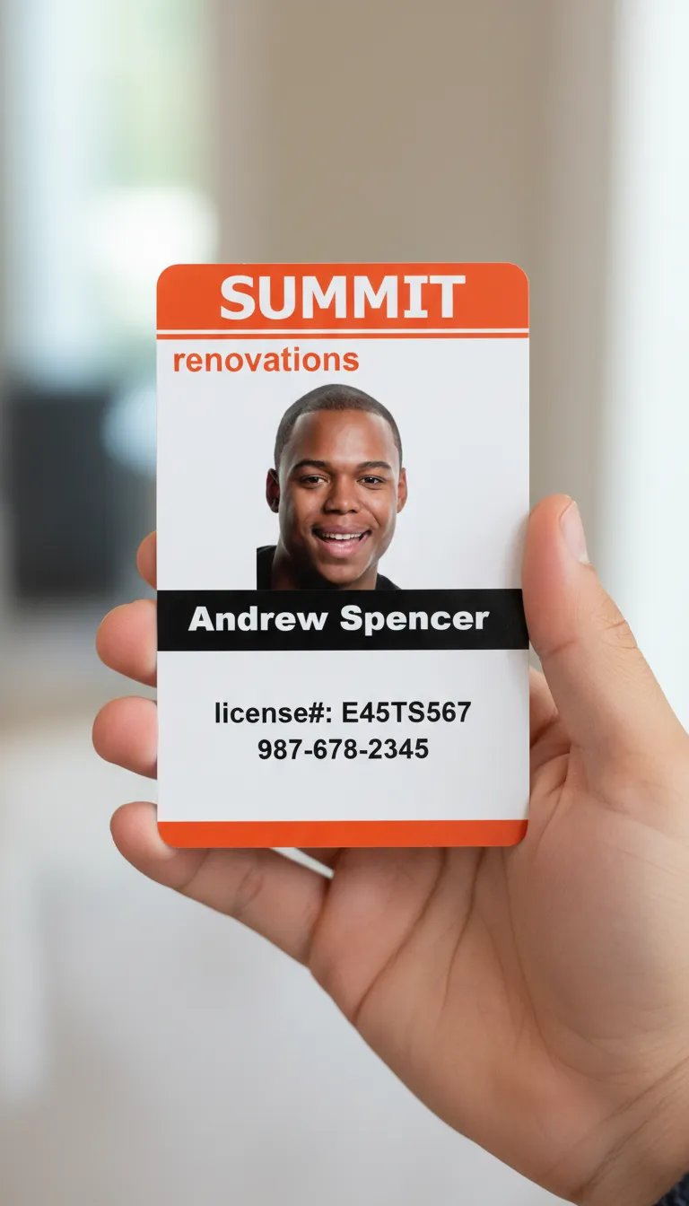 Custom ID card with orange, black, and white colors, blurred indoor background, hand holding card.