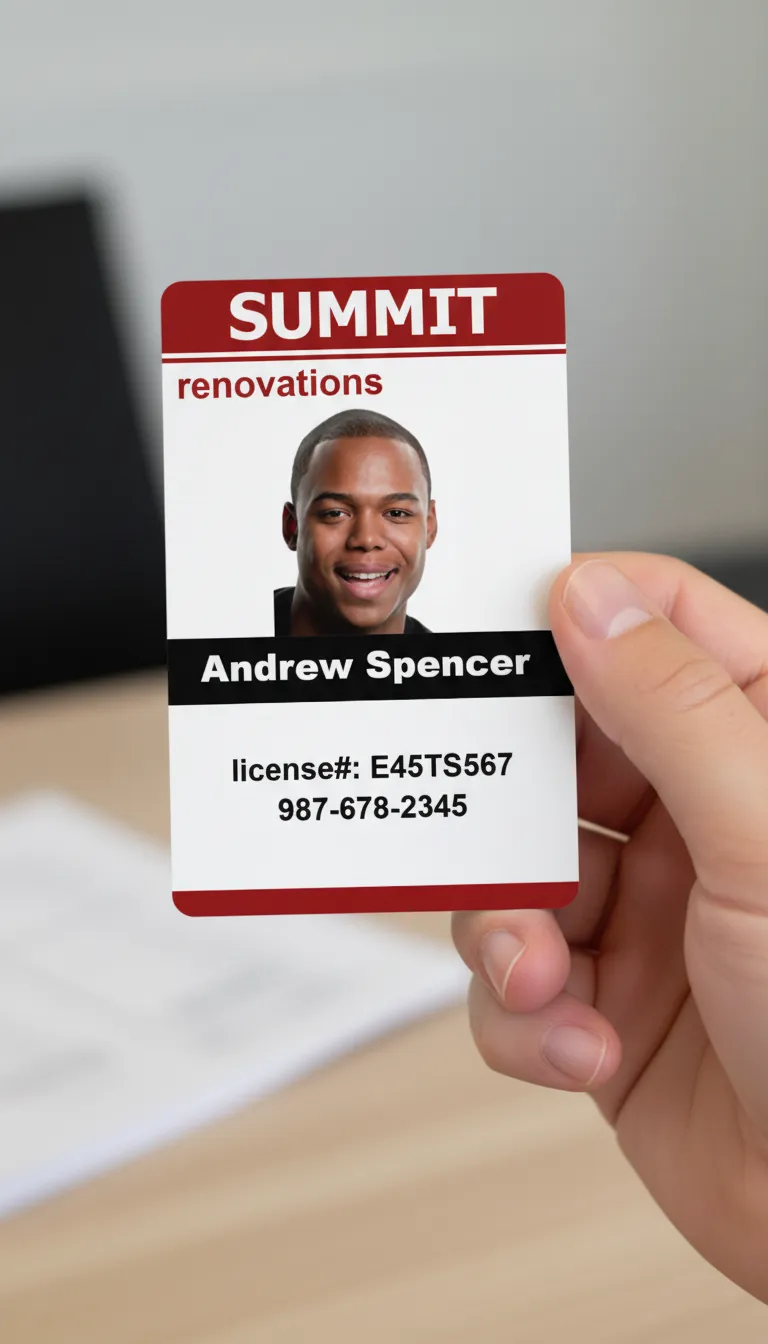 Red and white professional ID badge, black text, held by hand, blurred office background.