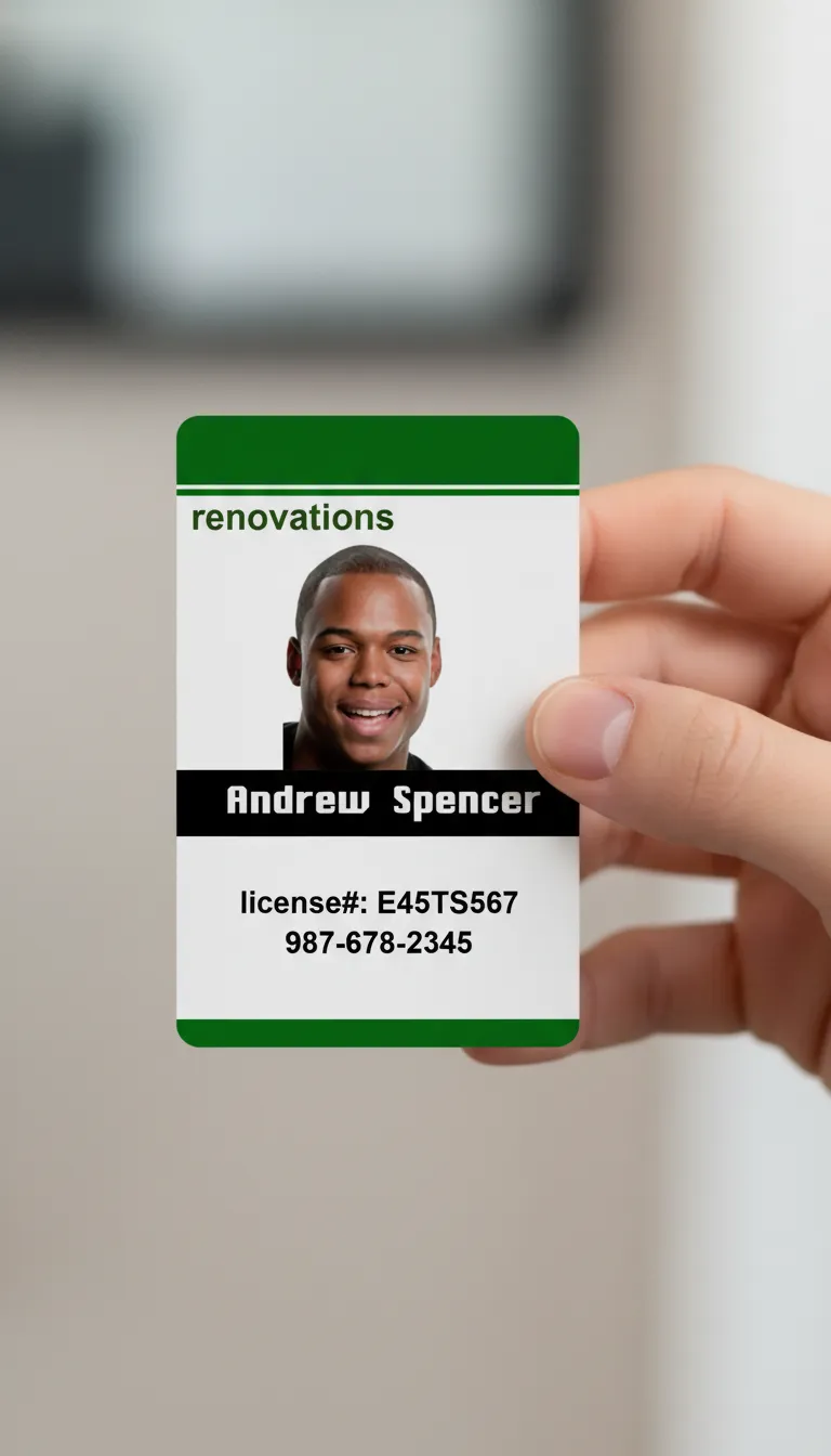 Green and white custom ID card, black text, held by hand, blurred neutral background.