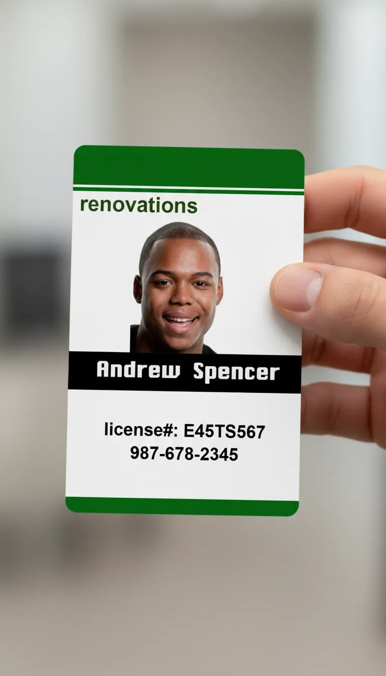 Green and white professional ID badge, black text, blurred background, durable ID card option.