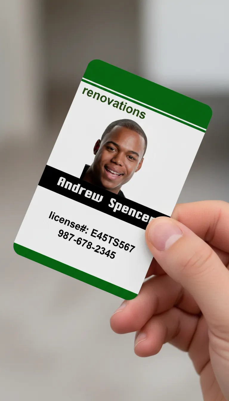 Green and white professional ID badge with photo, held in hand, neutral blurred background.