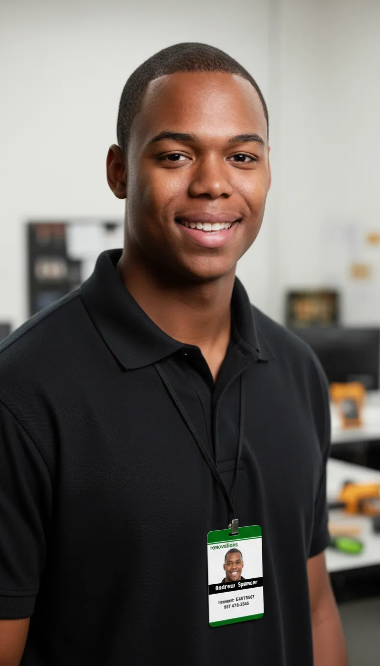 Smiling man in black shirt, green and white professional ID badge, blurred office background.