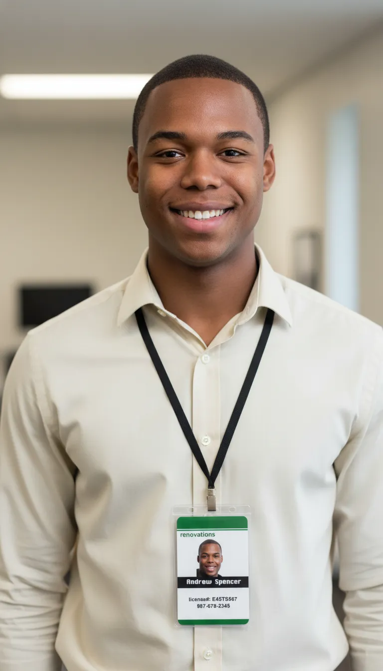 Smiling man in cream shirt, office background, wearing a green and white professional ID badge.