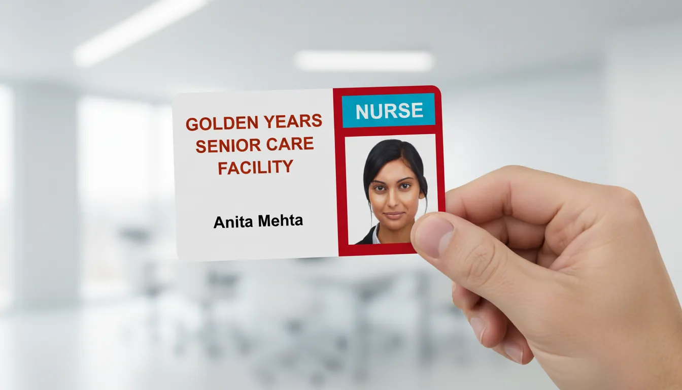 Hand holding custom ID card with red, blue, and white colors, blurred office background.