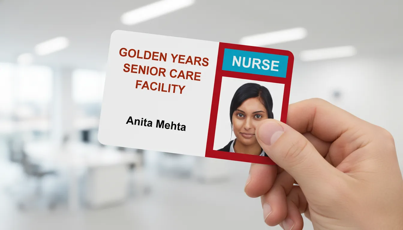 Hand holding custom ID card, white background, red and blue accents, blurred office setting.