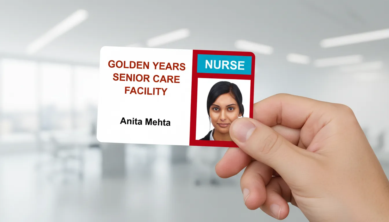 Hand holding custom ID card, white with red and blue, blurred office background.