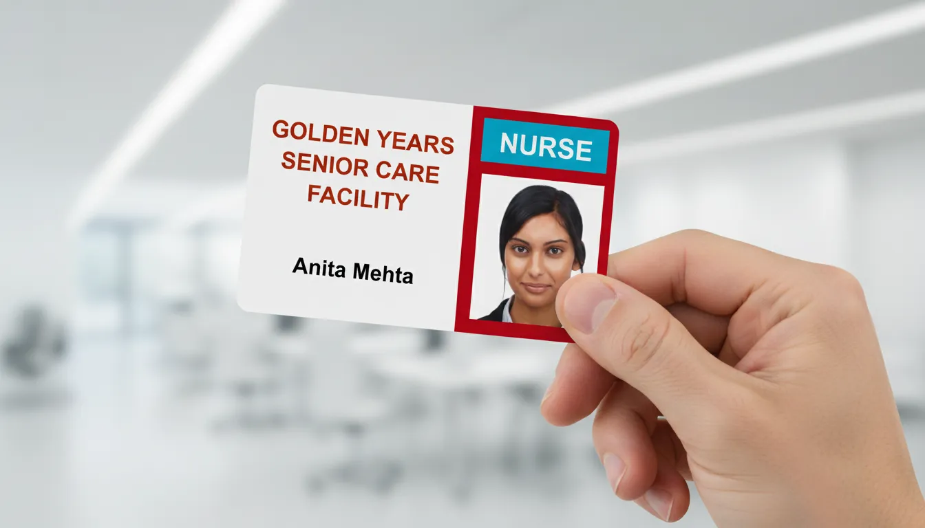 Hand holding custom ID card with red, blue, and white colors, blurred office background.