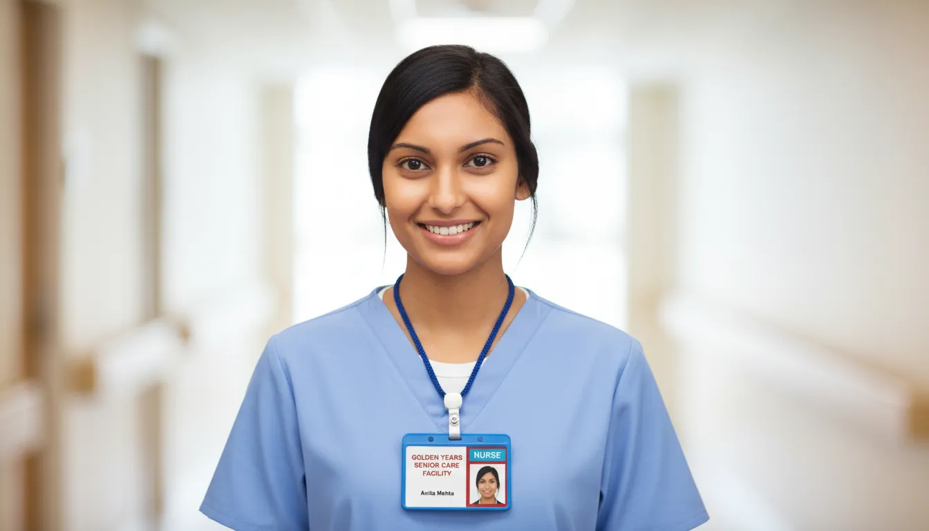 Nurse in blue scrubs, white hallway background, wearing a professional ID badge with blue lanyard.