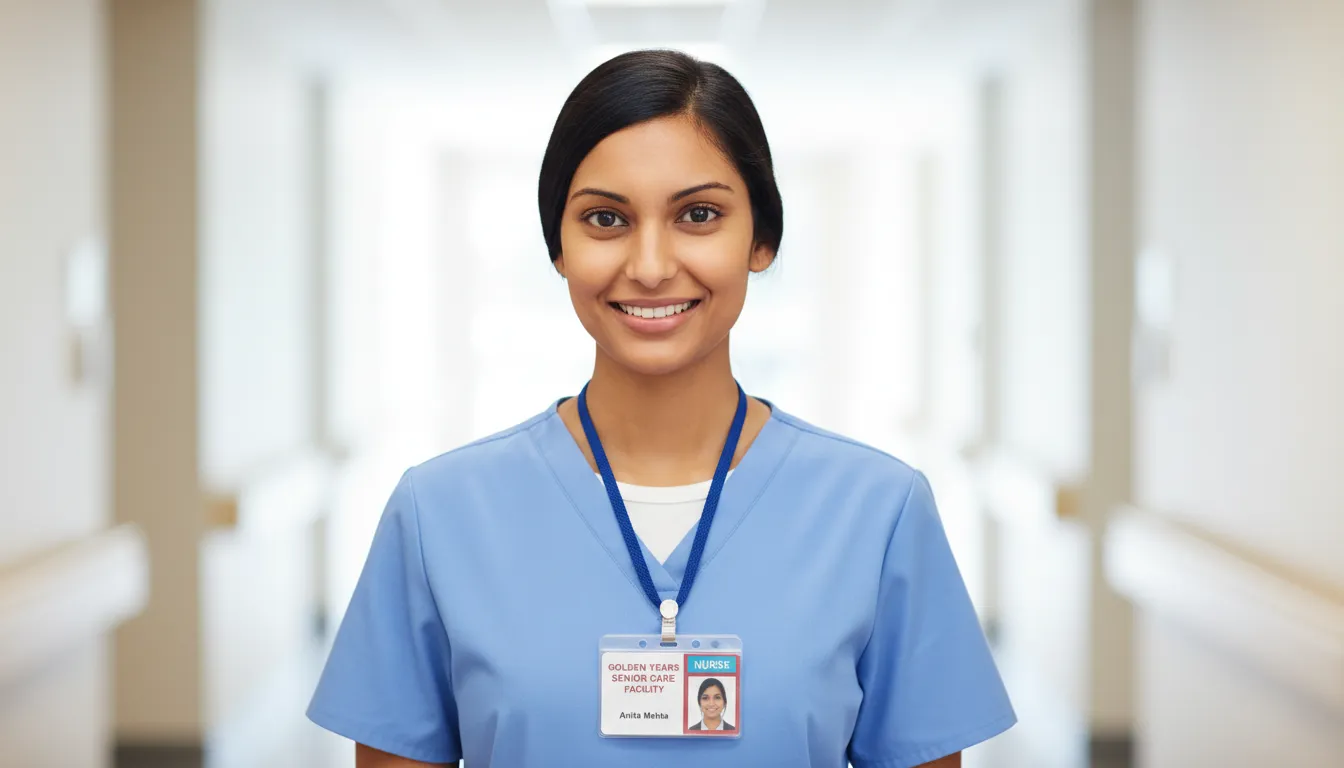 Nurse in blue scrubs with professional ID badge, white hallway background, soft natural lighting.