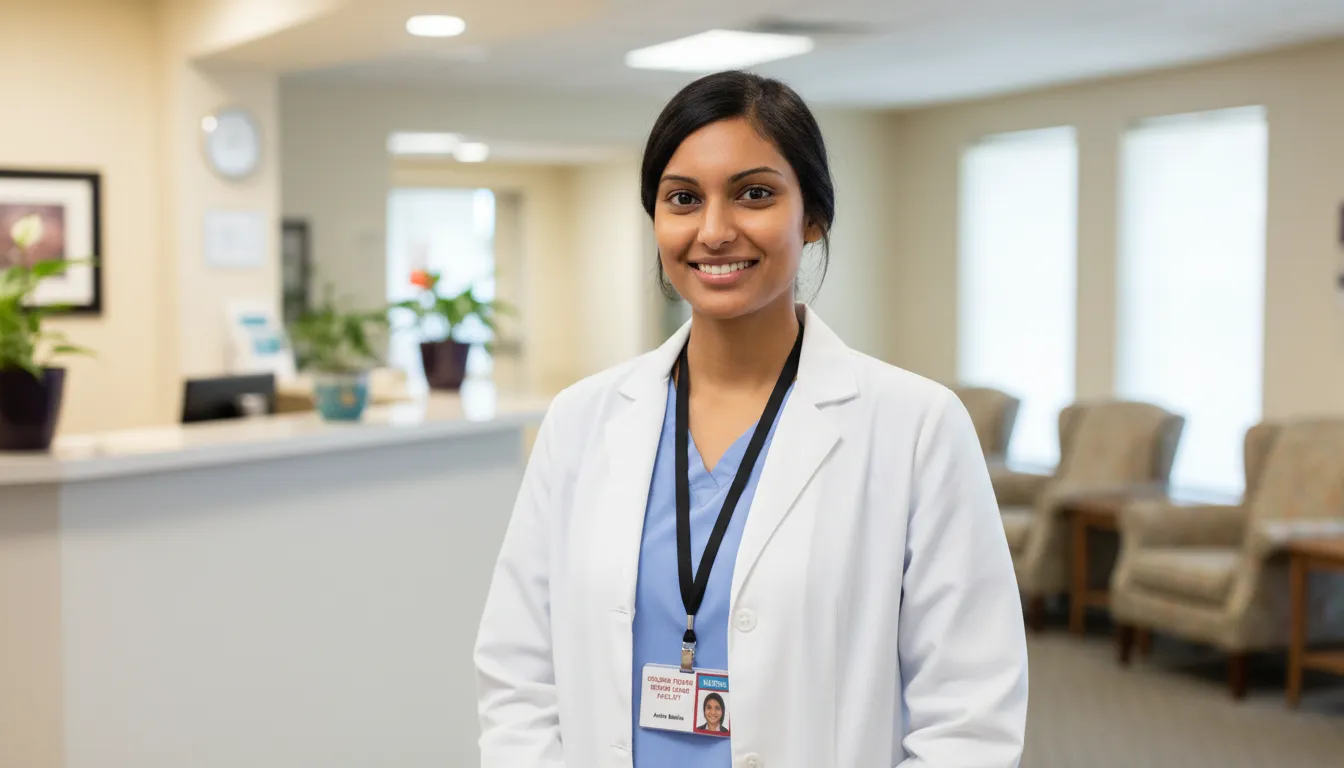 Smiling doctor in blue and white, beige clinic background, wearing a professional ID badge.