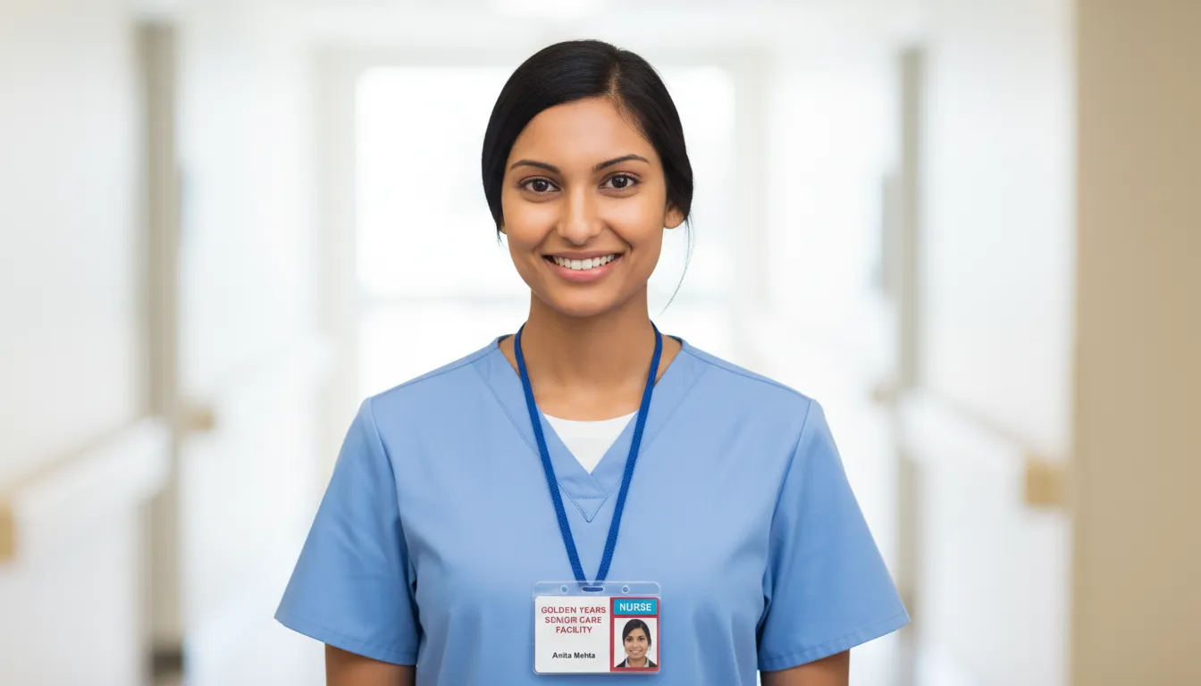 Smiling nurse in blue scrubs, white hallway background, wearing a professional ID badge.