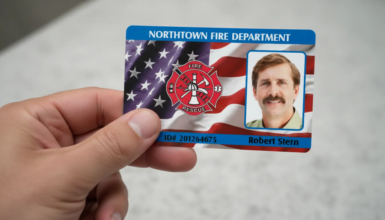Custom ID card with blue, red, and white colors, American flag background, professional ID badge.
