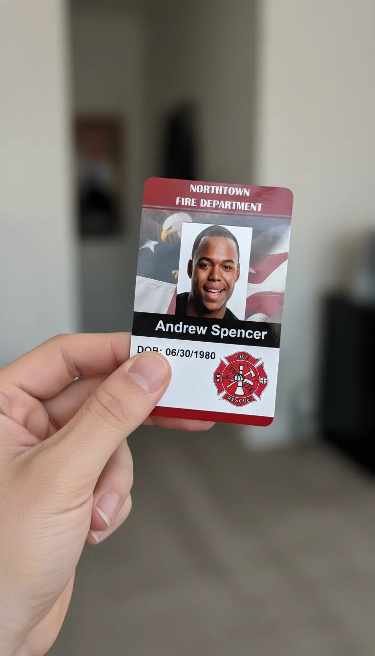 Hand holding red and white professional ID badge, blurred beige background, American flag design.
