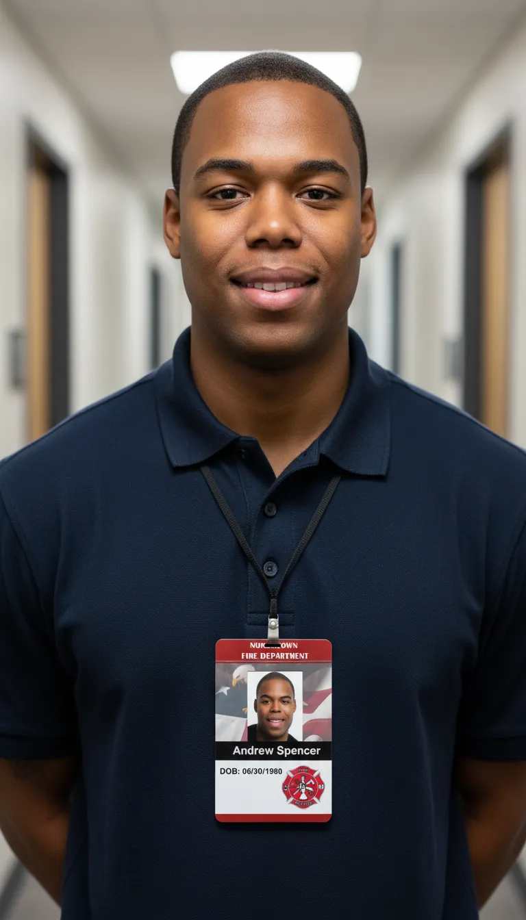 Man in navy shirt wearing a red and white professional ID badge, blurred hallway background.