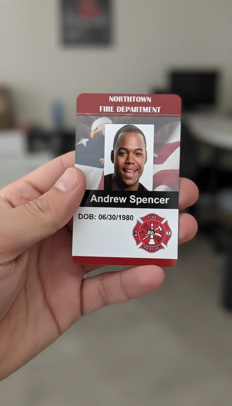 Red and white professional ID badge with fire department logo, held in a blurred office background.