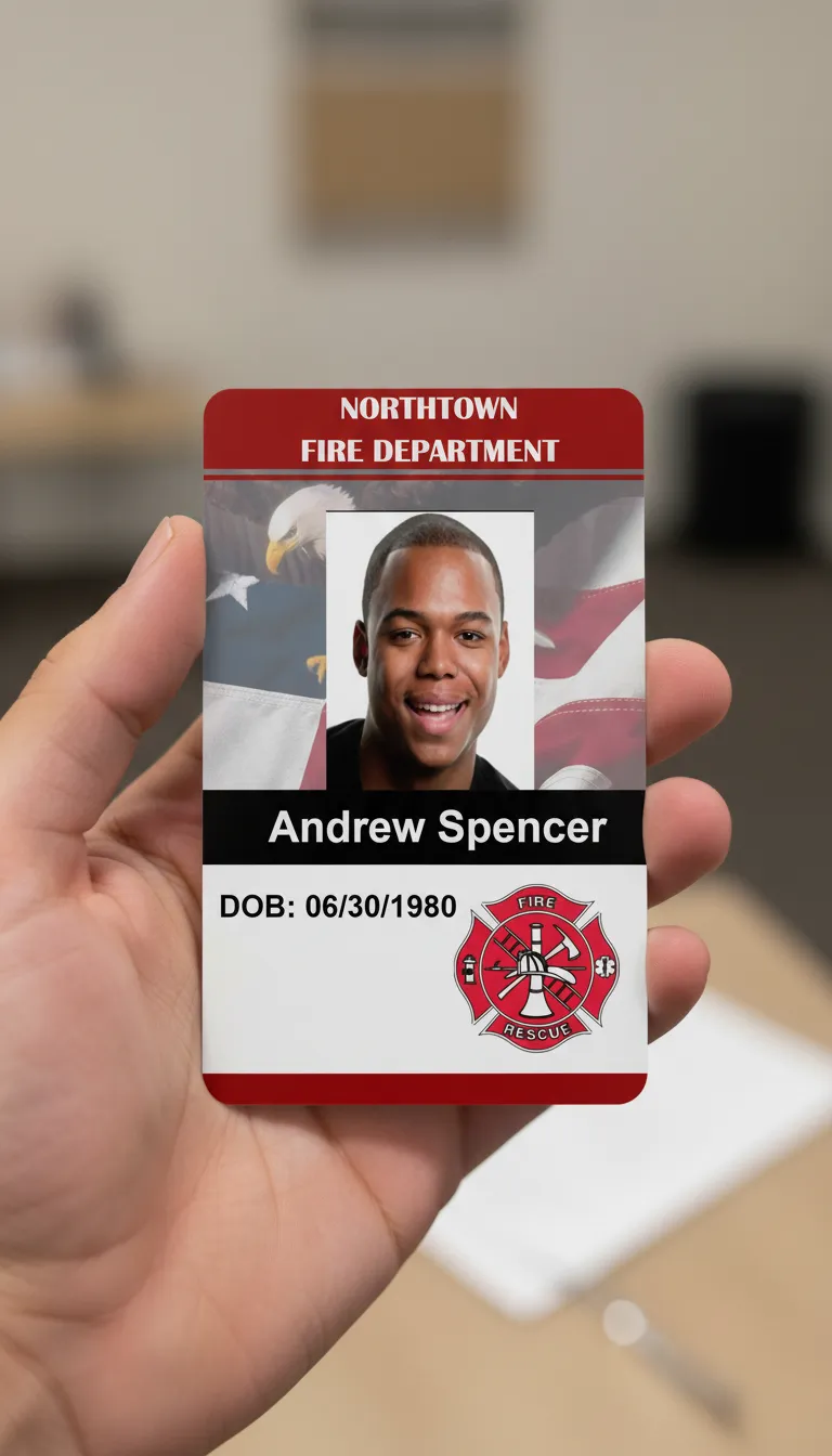Red and white professional ID badge with fire department logo, held in hand, blurred office background.