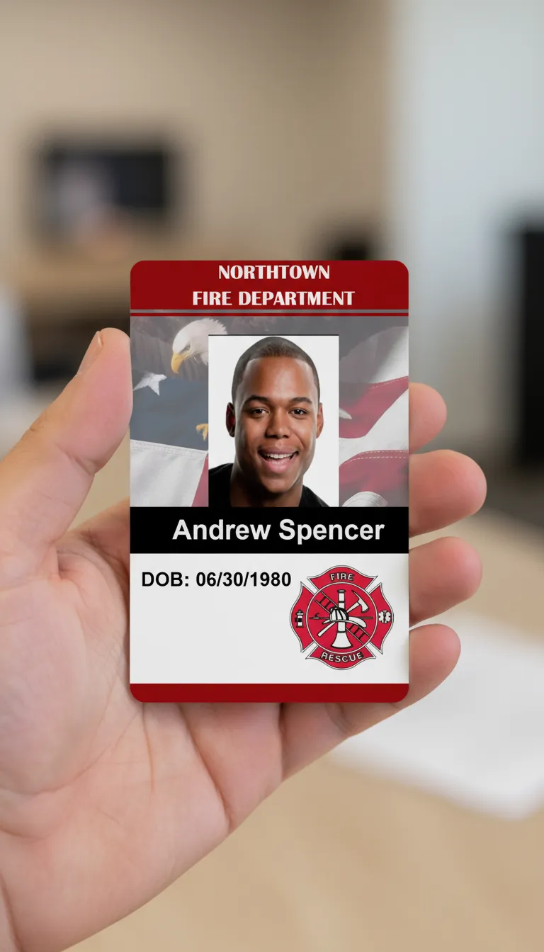 Red, white, and black professional ID badge with fire department logo, blurred office background.