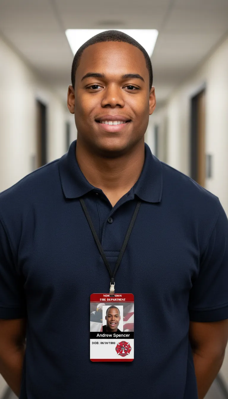 Smiling man in navy shirt, white hallway background, wearing a red professional ID badge.
