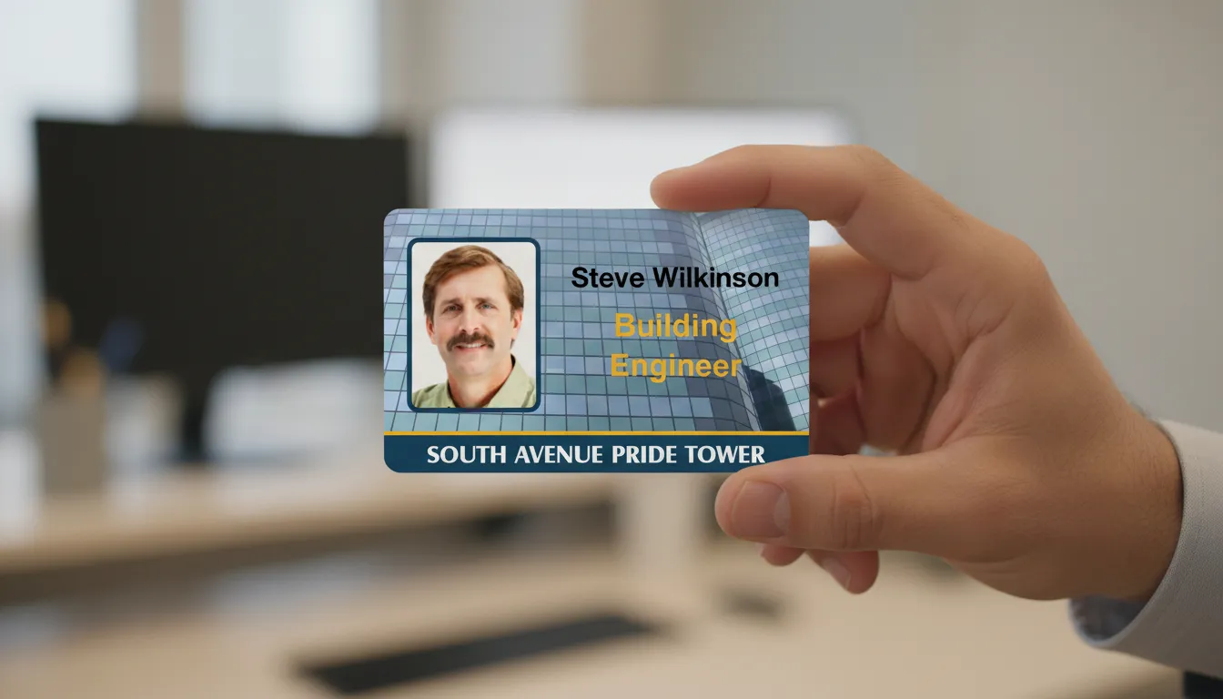 Hand holding a custom ID card with blue, yellow, and white colors, office background.