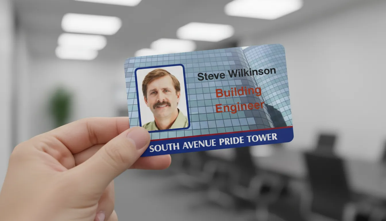 Hand holding blue custom ID card, office background blurred, white lights, professional ID badge.