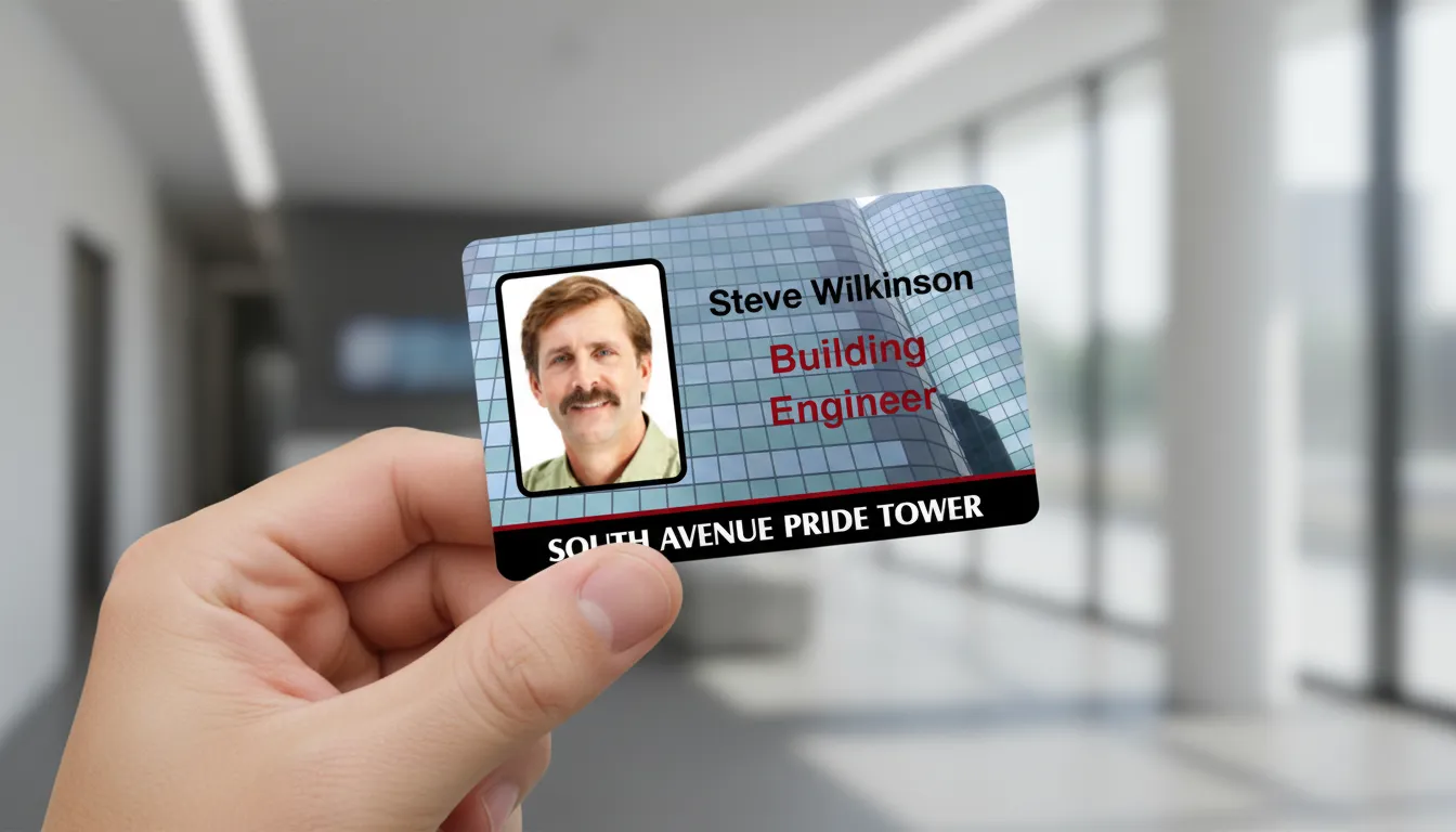 Hand holding custom ID card, blue and black colors, blurred office background, professional ID badge.