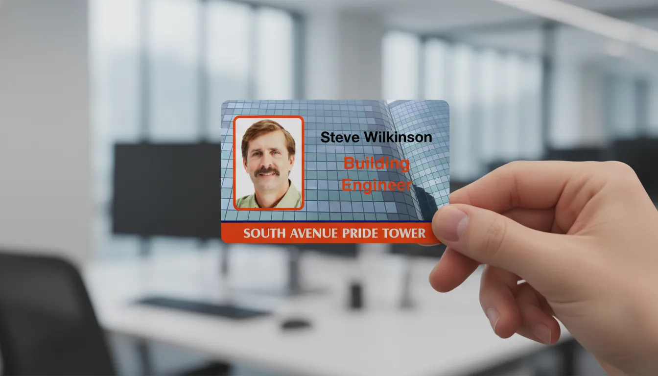 Hand holding custom ID card with blue, orange, and white colors, office background, professional ID badge.
