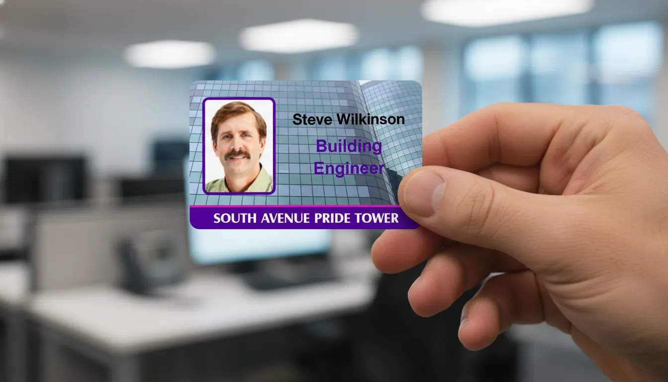 Hand holding custom ID card with purple accents, office background, blue and gray tones.