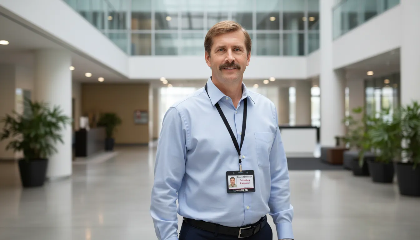 Man in light blue shirt with professional ID badge, bright modern office, green plants, white walls.