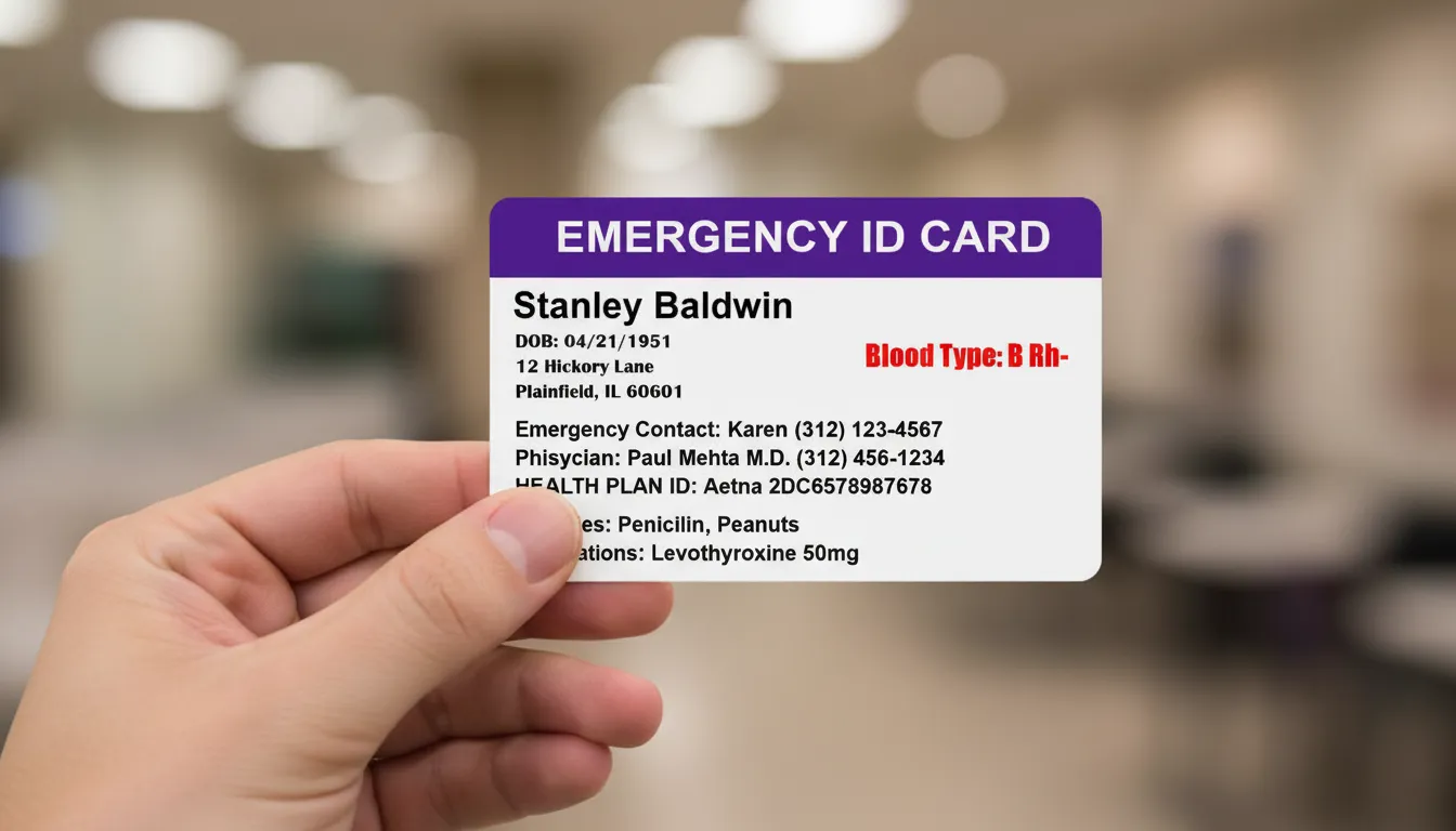 Emergency custom ID badge with purple header and white background, containing medical information.