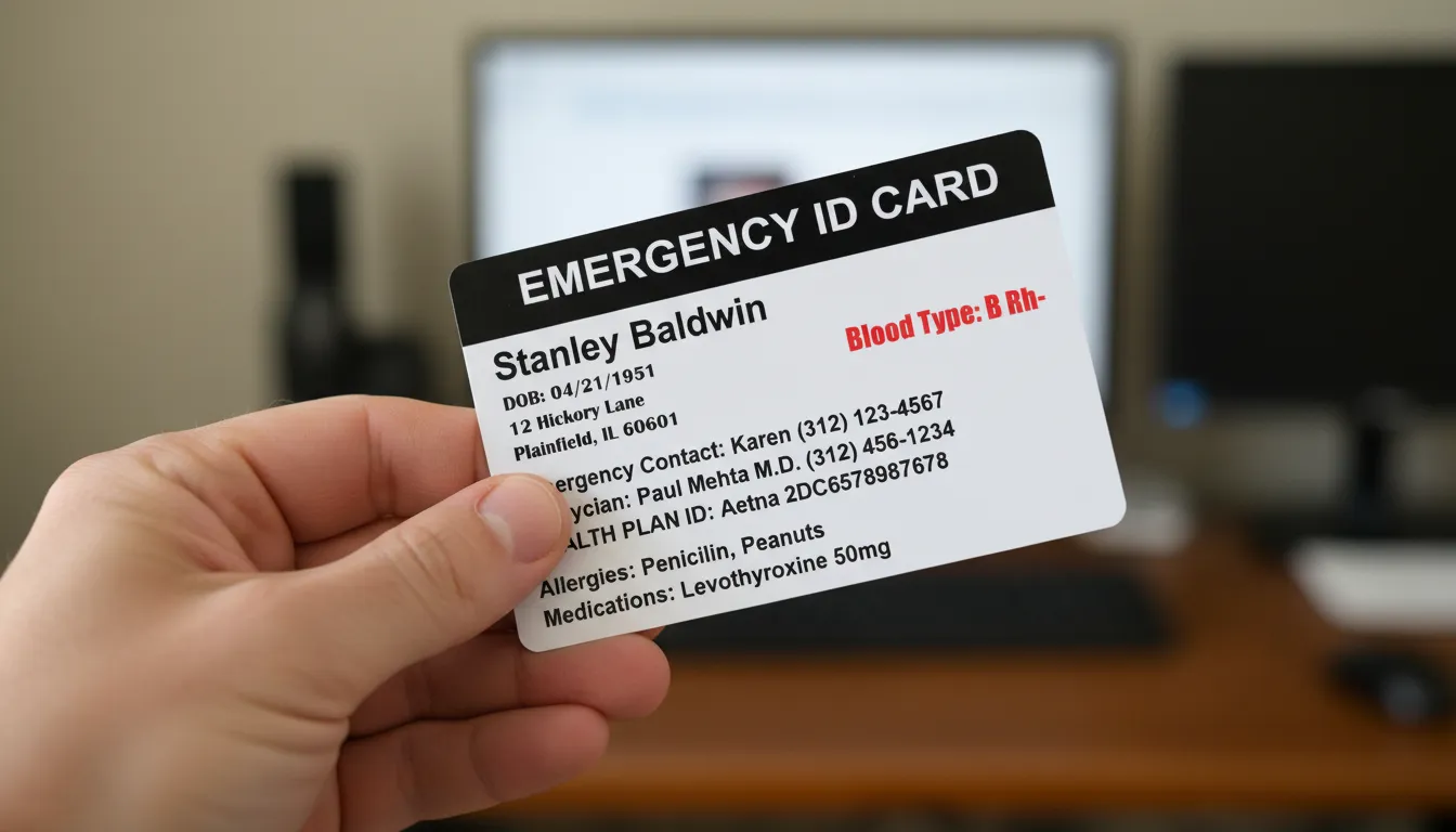 Emergency horizontal ID card with black header and white background, containing medical information.